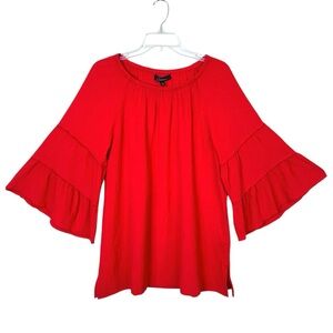 Calessa Womens Boho Tiered Bell Sleeve Top L Red Gauze Ruffle Hippie Festival